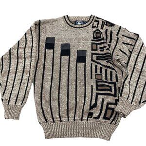 Atlantic Traders Sweater Men Medium Brown Black Geometric Acrylic‎ Leather VTG